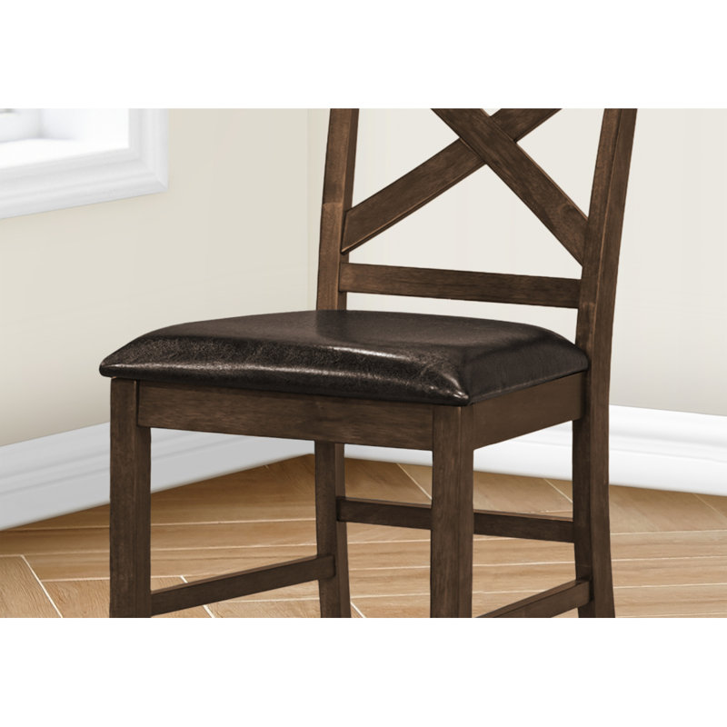 Chaise de salle à manger, hauteur 44 po, ensemble de 2, latérales, rembourrées, hauteur comptoir, salle à manger, cuisine, noyer foncé, aspect cuir brun, transitionnel