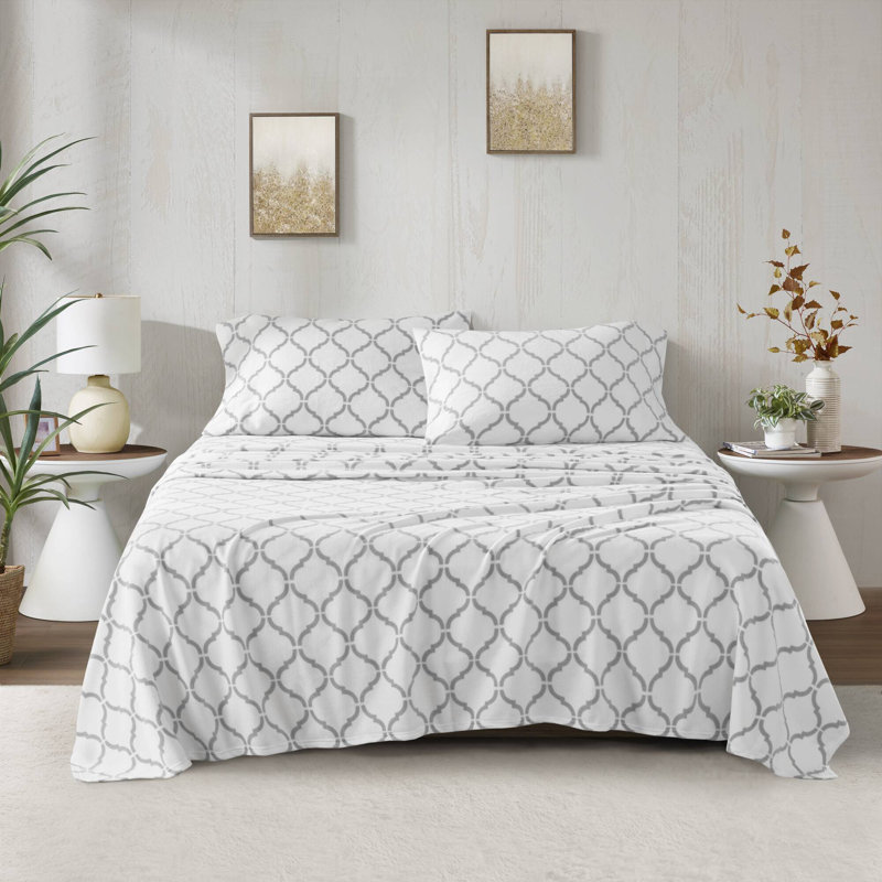Micro Fleece Sheet Set, Twin Sheet Set with 1 Pillowcase, Gray Geo