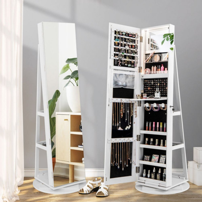 360° Rotating Mirrored Jewelry Cabinet Armoire 3 Color LED Modes Lockable, Blanc