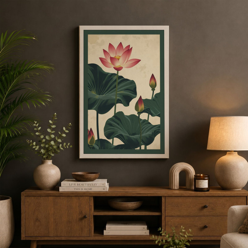 Lotus Bloom Botanical - Wrapped Canvas, 24x16 - 61.0 x 40.6 cm, White Border