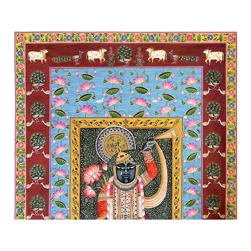 Le dieu indou Shrinathji en arrière-plan à motifs | Art Pichwai
