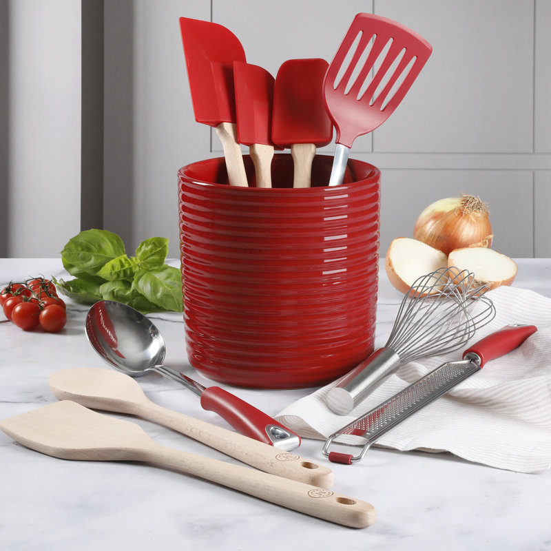 Red 10-Piece Wood and Silicone Kitchen Tool Set with Ceramic Crock