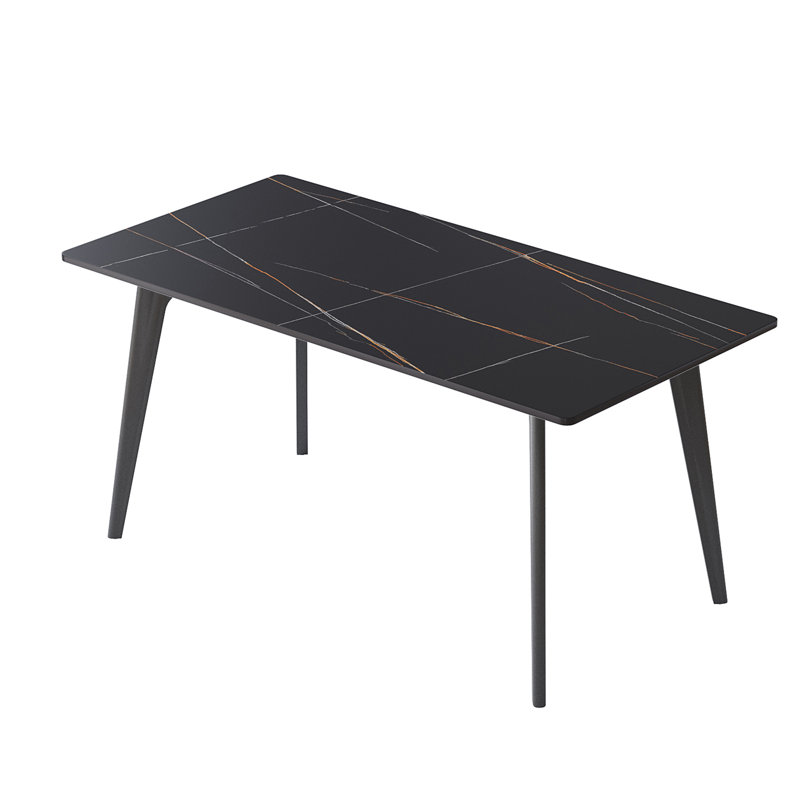 Table de salle à manger 62,99 po en pierre artificielle moderne à bord droit et pieds en métal noir pouvant accueillir 6 personnes (table de salle à manger seulement)
