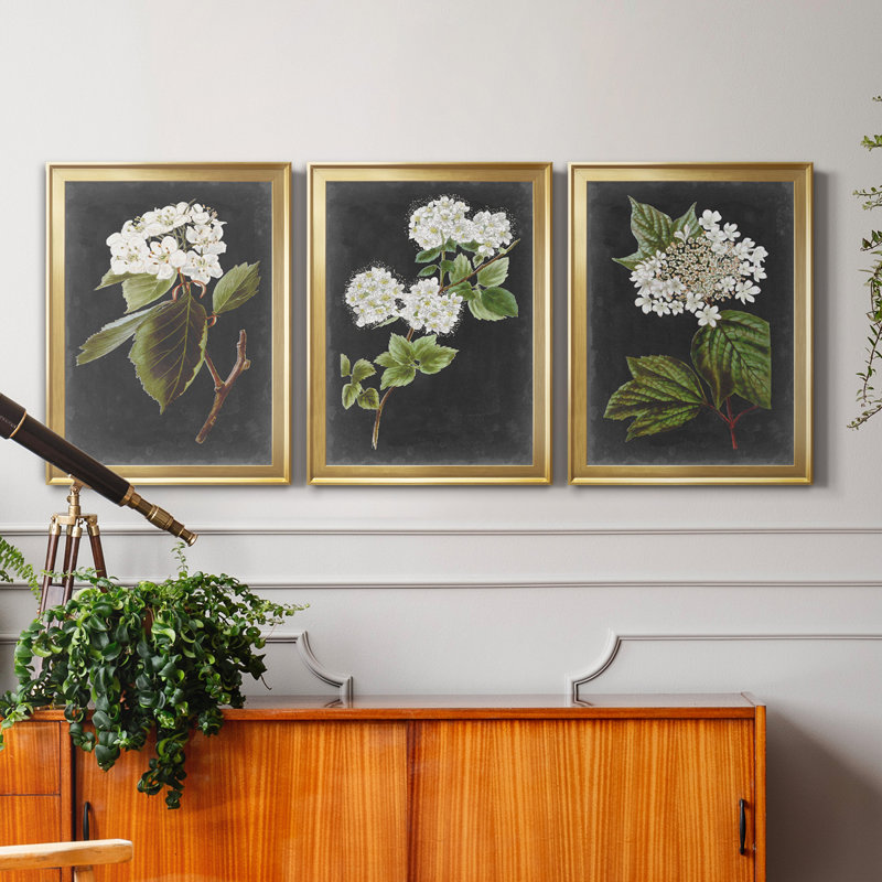 " Dramatic White Flowers I " 3 - Pieces Painting Print, Gold, 18.5" H x 73.5" W x 1.5" D