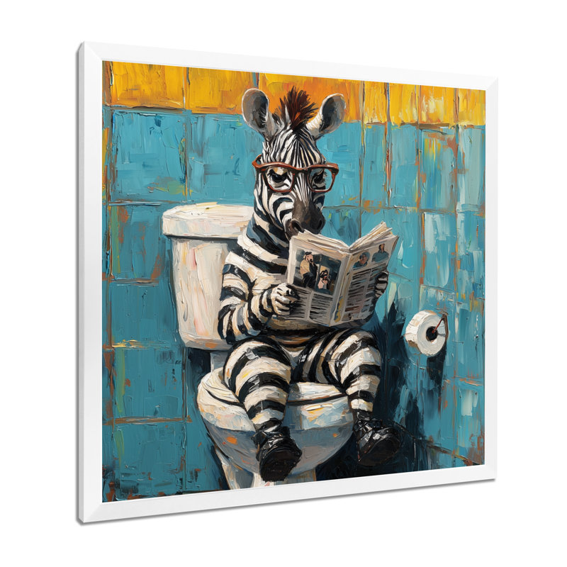 Keiji, lecture zébrée amusante d'un journal dans une toilette II - art mural zèbre, H 16 po x l 16 po, Blanc