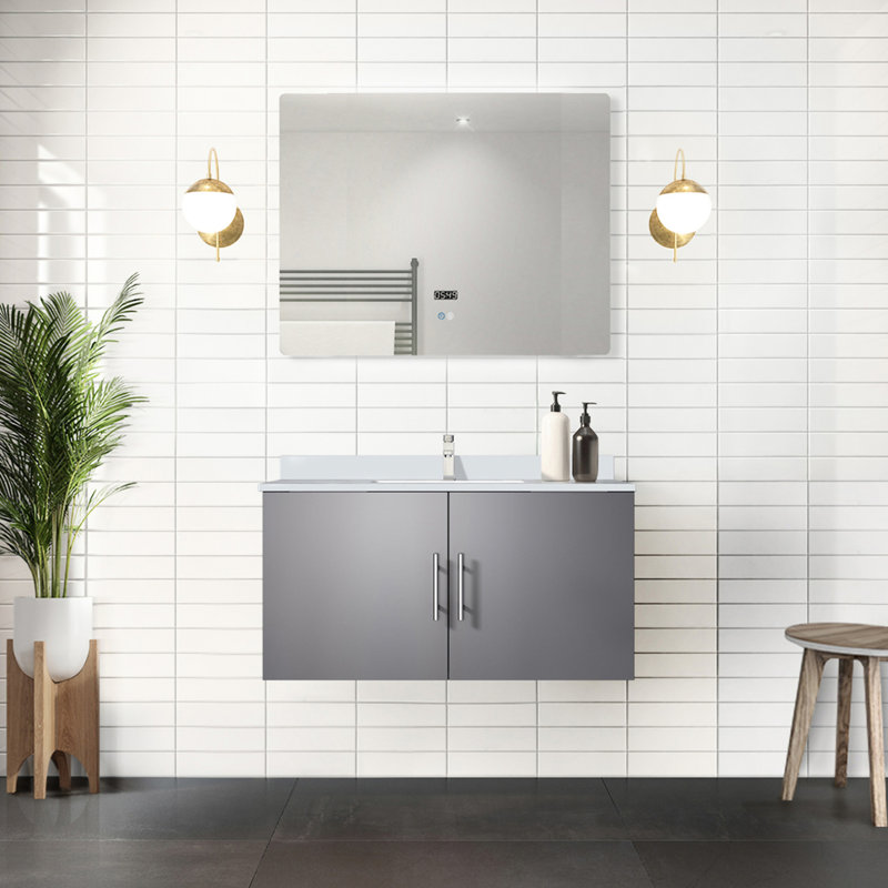 36 po L x P 22 po. Meuble-lavabo gris foncé avec comptoir en marbre et miroir à DEL
