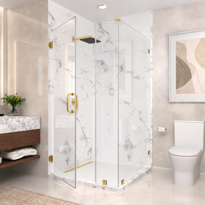 Cabine de douche d'angle à charnières murales sans cadre Nirvana, 107 cm L x 107 cm P x 193 cm H, verre clair facile à nettoyer de 10 mm d'épaisseur, fini or brossé