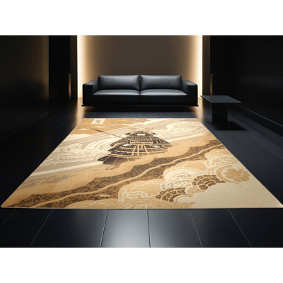 Soft Plush Durr Ashigaru Traditional Block Print Area Rug in Brown – Beige Binding