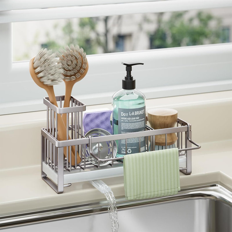 Silver Stainless Steel Kitchen Sink Organizer with Brush and Dishcloth Holder