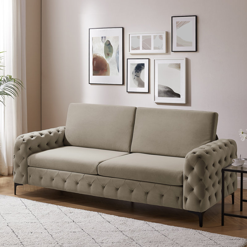 Bushong 222Cm Velvet Square Arms Sofa, Black, Beige Velvet
