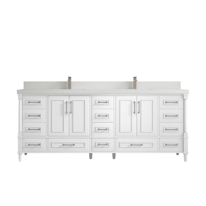 Aberdeen 84'' Double Bathroom Vanity with Quartz Top, White, White