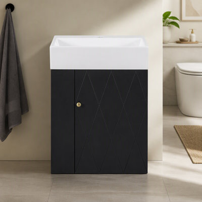 Meuble-lavabo moderne de 20 po avec lavabo en céramique, porte à motif de losanges, poignée dorée, tablettes de rangement latérales, barre à serviettes, panneau de fibres à densité moyenne, assemblage requis