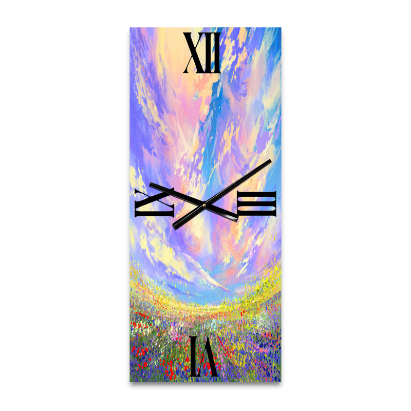 Fleurs colorées dans un champ sous de magnifiques nuages - horloge murale traditionnelle, Petit