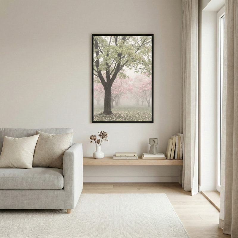 Ensemble de 1 tableau sur toile représentant un paysage de forêt de cerisiers en fleurs, H 30 po x l 20 po