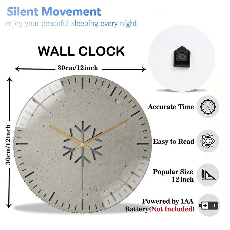 Horloge murale 12 po ronde en verre trempé avec mouvement à quartz silencieux, Flocon de neige gris foncé