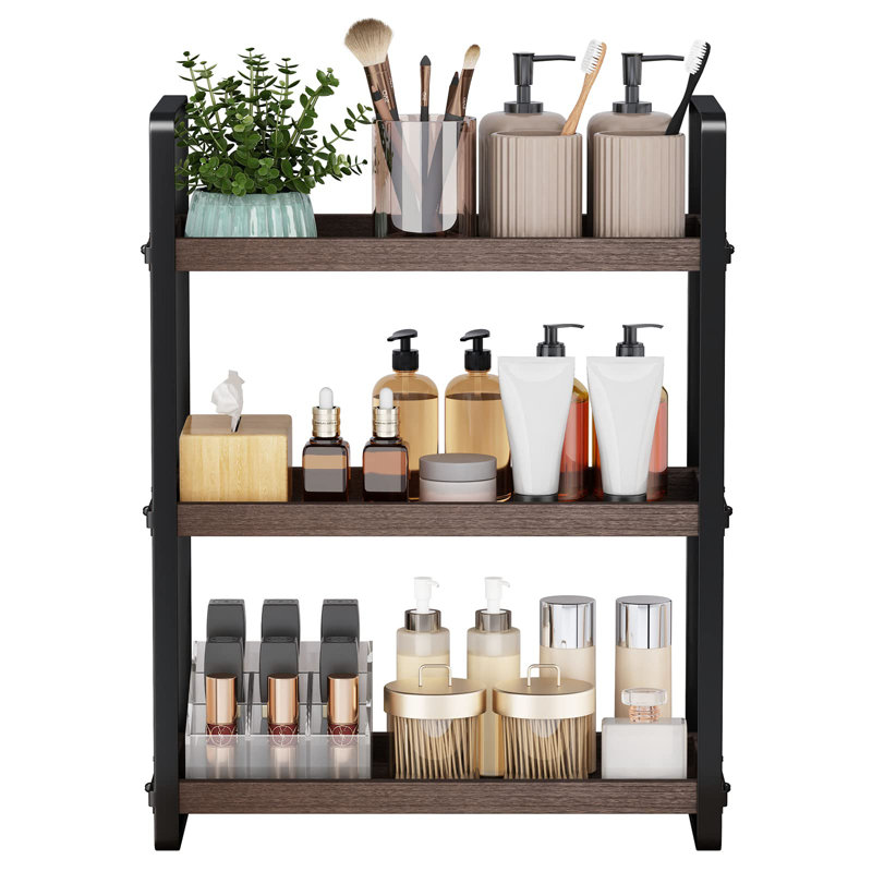 Organisateur de comptoir de salle de bain, organisateur de comptoir de salle de bain, tablette de comptoir, rangement de comptoir, rangement et rangement, étagère à maquillage, chariot d'évier (brun à 3 niveaux)