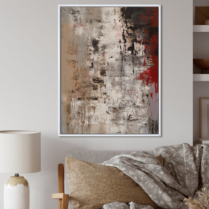 Fading Passion, abstrait en rétro beige et rouge I - art mural abstrait, 32" H x 16" W, Cadre flottant blanc