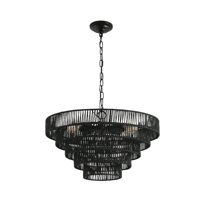 8-Light Black Hemp Rope Chandelier, Tiered Chandelier