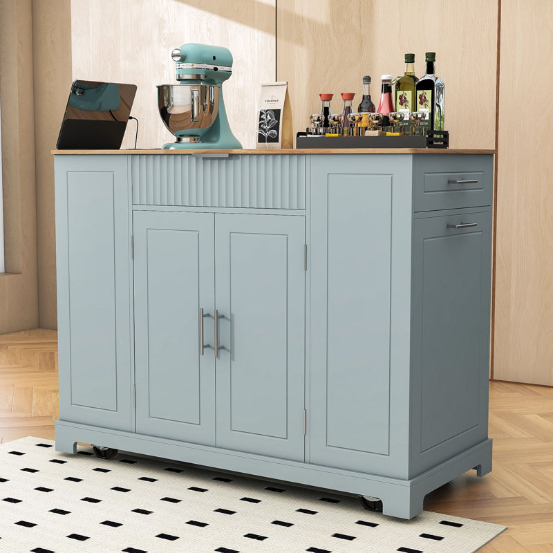 Chariot roulant pour îlot de cuisine avec prise de courant intégrée, rangement et poubelle, Bleu gris