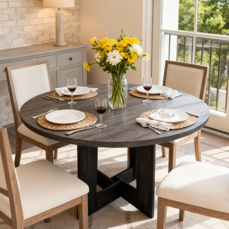 Round Dining Table for 4, 43.3" Wood Kitchen Table with Cross Base, Farmhouse Dinner Room Tables for Home, Kitchen, Living Room, Cafe, Apartment, Small Spaces