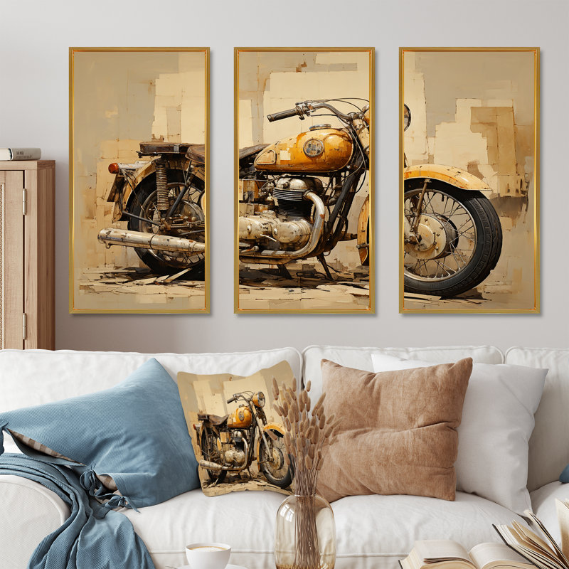Minimalisme Moto IV - Ensemble de décoration murale moto, Cadre flottant doré, H 28 po x l 36 po x P 1 po