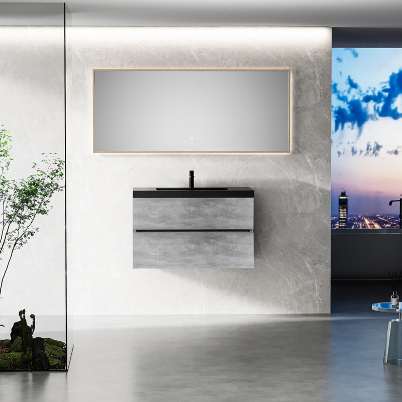 Meuble-lavabo flottant 36 po avec meuble de rangement pour lavabo et cuve à quartz à fermeture en douceur, gris, ciment, design moderne, espace de rangement facile, facile à nettoyer