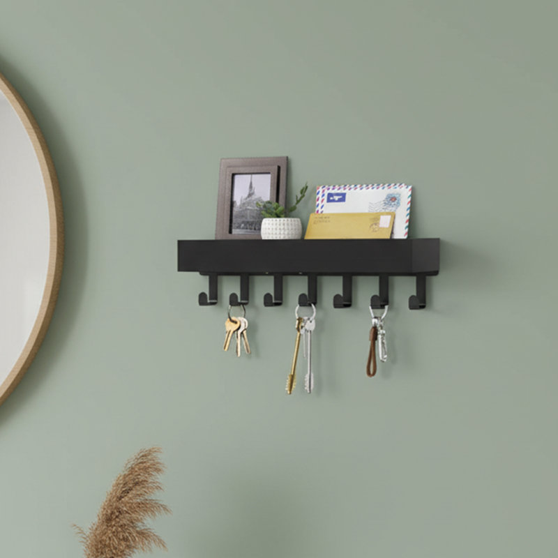 Porte-clés mural l 11,8 po - Organisateur de courrier, crochets magnétiques - Rangement pour entrée noire, Noir