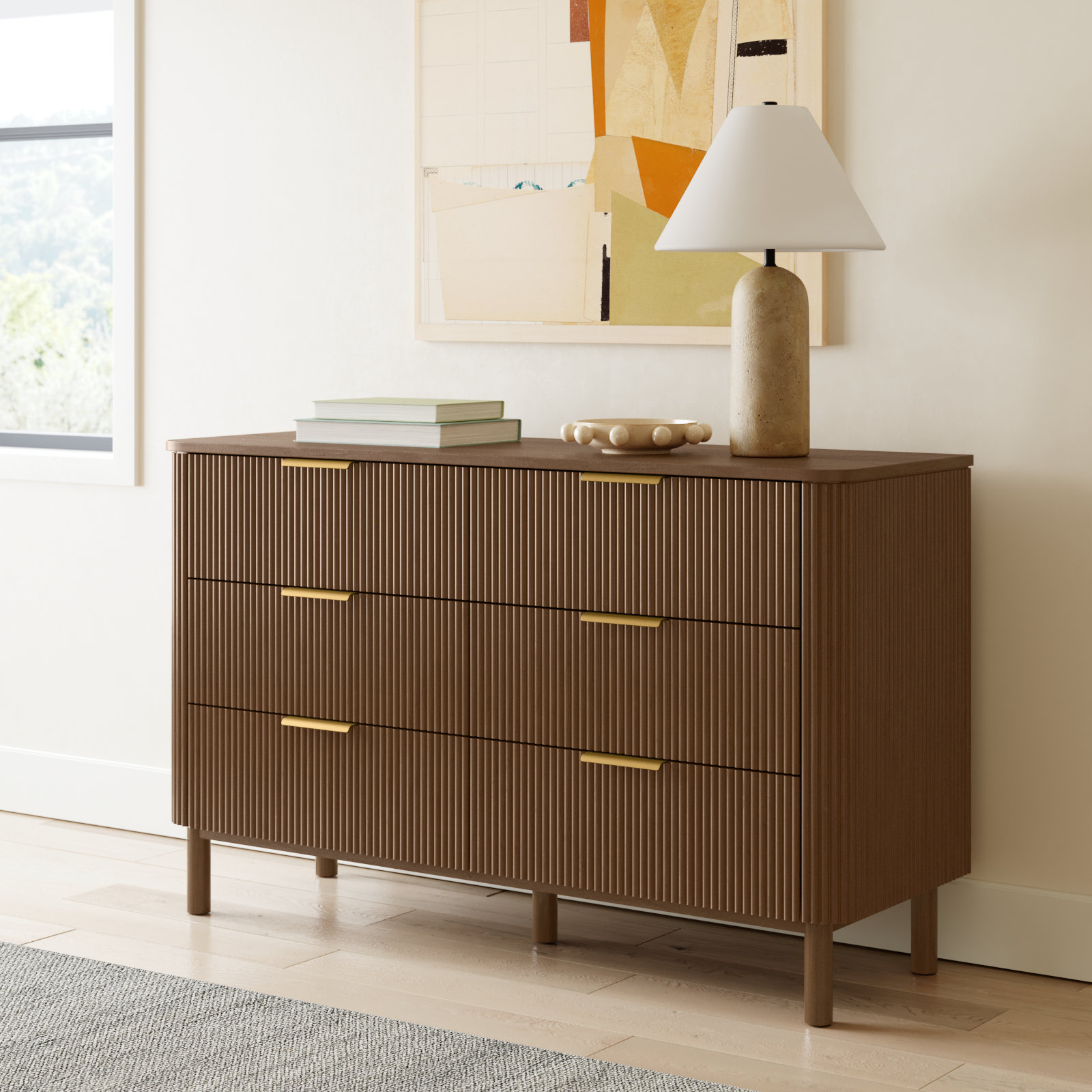 Nova 60" 6-Drawer Dresser with Reeded Front, Brown Reeded