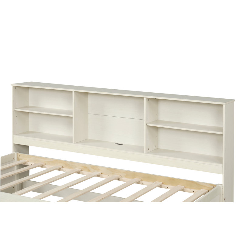Twin Size Bed Frame With Side Bookshelves, Two Drawers, And Built-In Usb Port, Creamy White