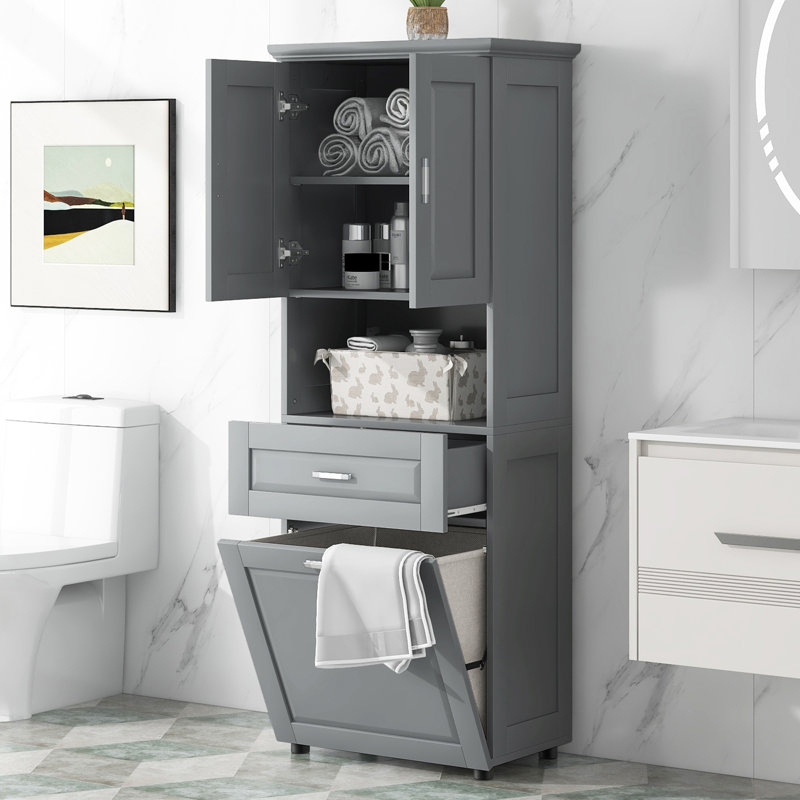 Grande armoire de salle de bain avec panier à linge, Gris