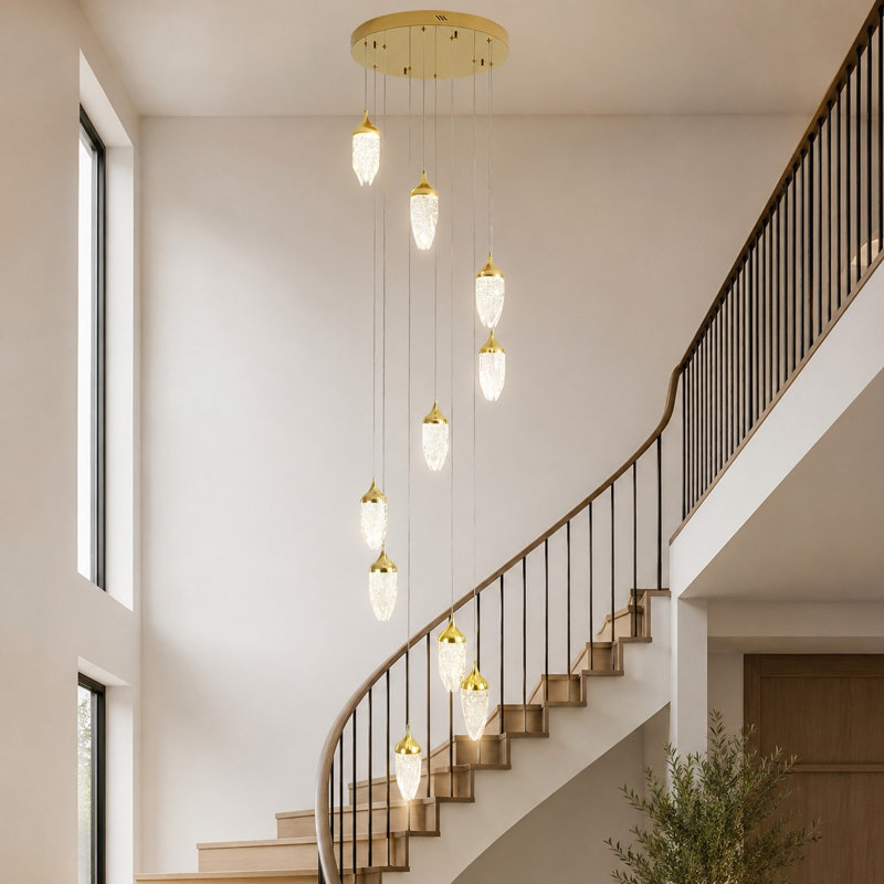 10-Light Gold Crystal Dimmable LED Large Staircase Pendant Light with Remote and App Control