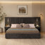 Cadre de lit king size capitonné en tissu chenille, design plissé, table de chevet intégrée et structure robuste - Sommier non requis, gris foncé