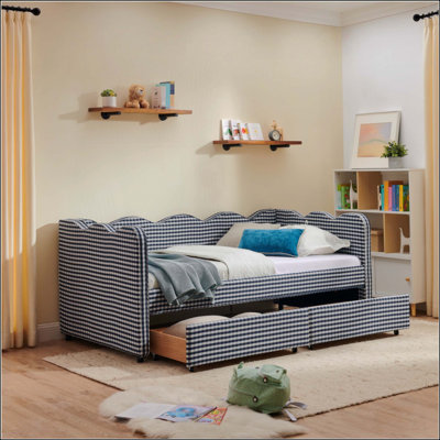 Daybed With Two Storage Drawers, With USB Port And Adorable Wave Shaped, Linen Fabric