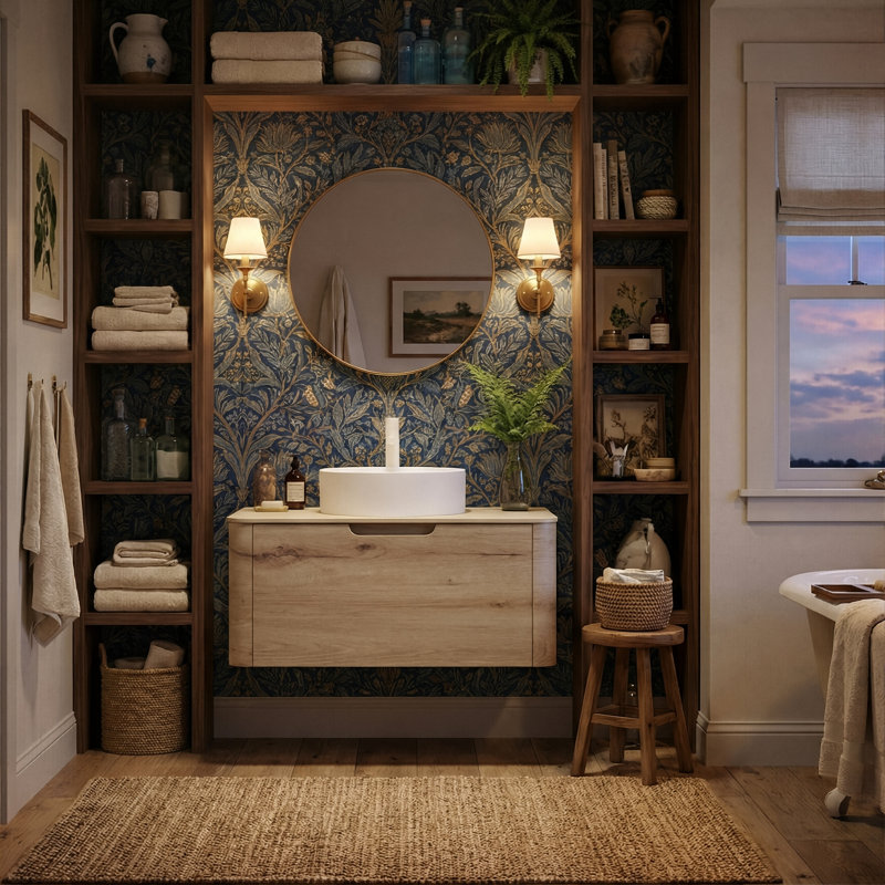 Meuble-lavabo flottant courbé moderne avec plateau en pierre frittée Roma Travertine, armoire à grain de bois en chêne blanc et vasque ronde (24 po / 30 po / 36 po)