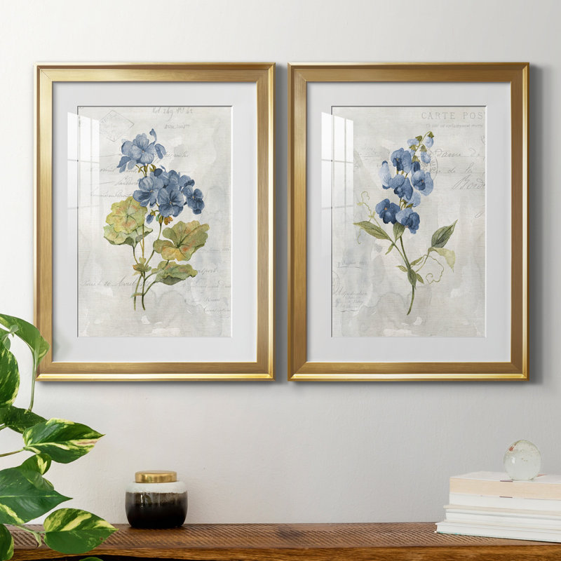 " Blue Linen Geranium " 2 - Pieces, 22.5" H x 61" W x 1.5" D, Gold Framed Paper, White