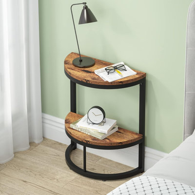 Table de bout demi-lune 2 niveaux Slim, table d'appoint en bois brun rustique 19,69 po avec tablette de rangement pour petits espaces, salon, chambre à coucher, assemblage facile