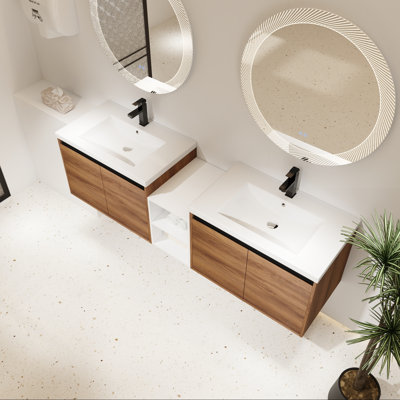Meuble-lavabo mural avec lavabo en résine, tablette de rangement et quatre portes