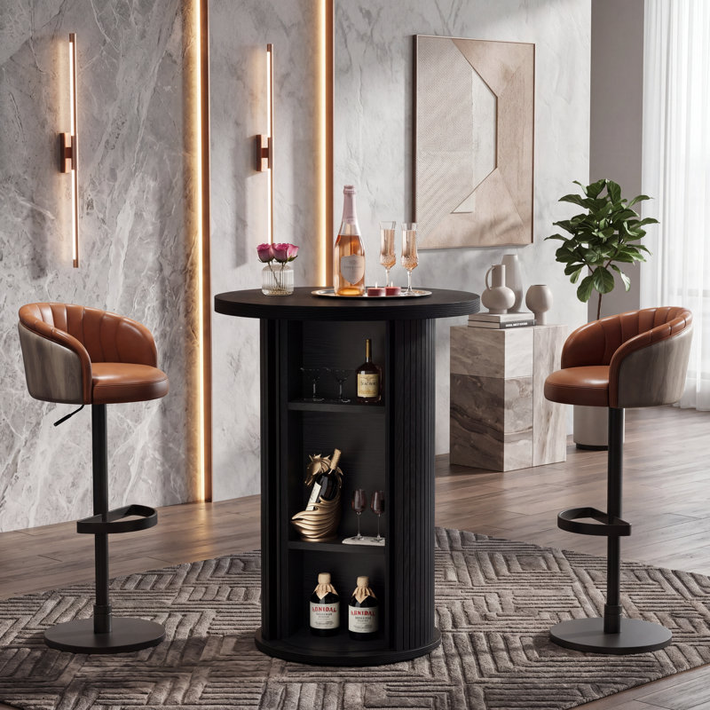 Round Bar Table With Hidden Storage, 35.4" Bar Height Cocktail Table, Black