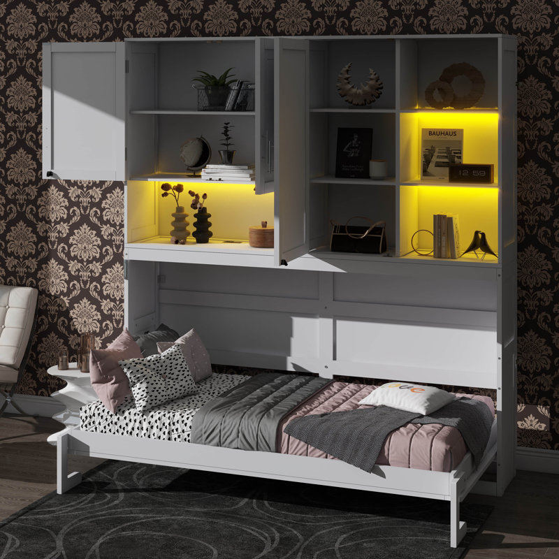 Lit escamotable simple de taille simple avec armoire murale, supports, lit pliant peu encombrant avec éclairage et ports USB