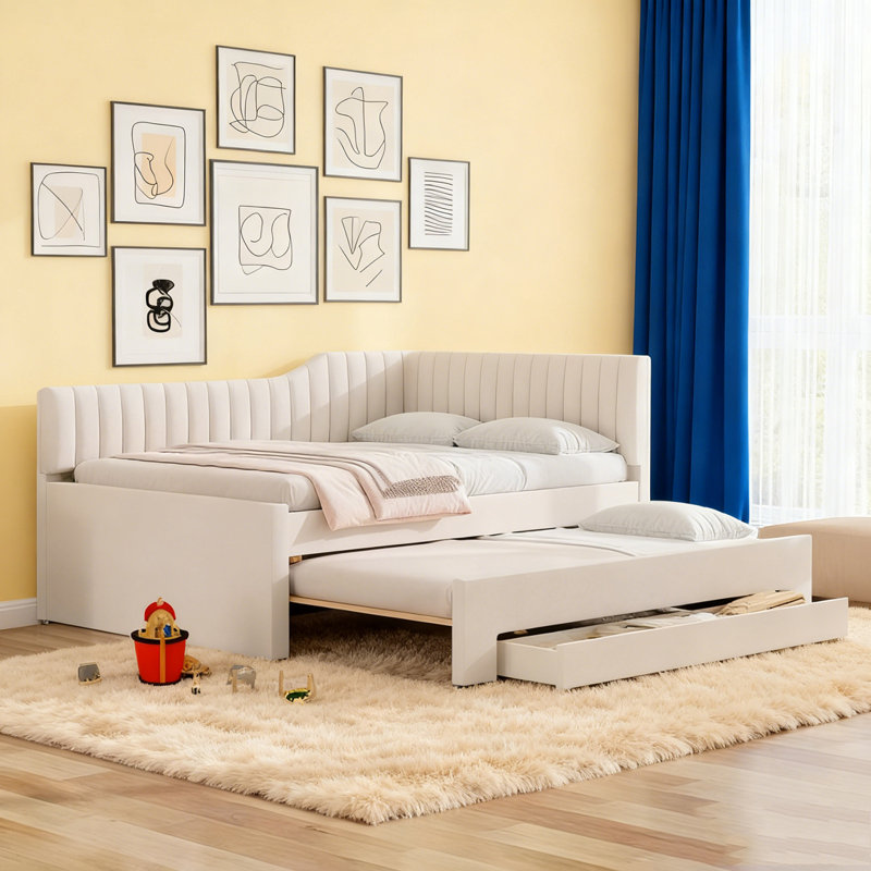 Upholstered Daybed with Trundle and Three Drawers, Beige