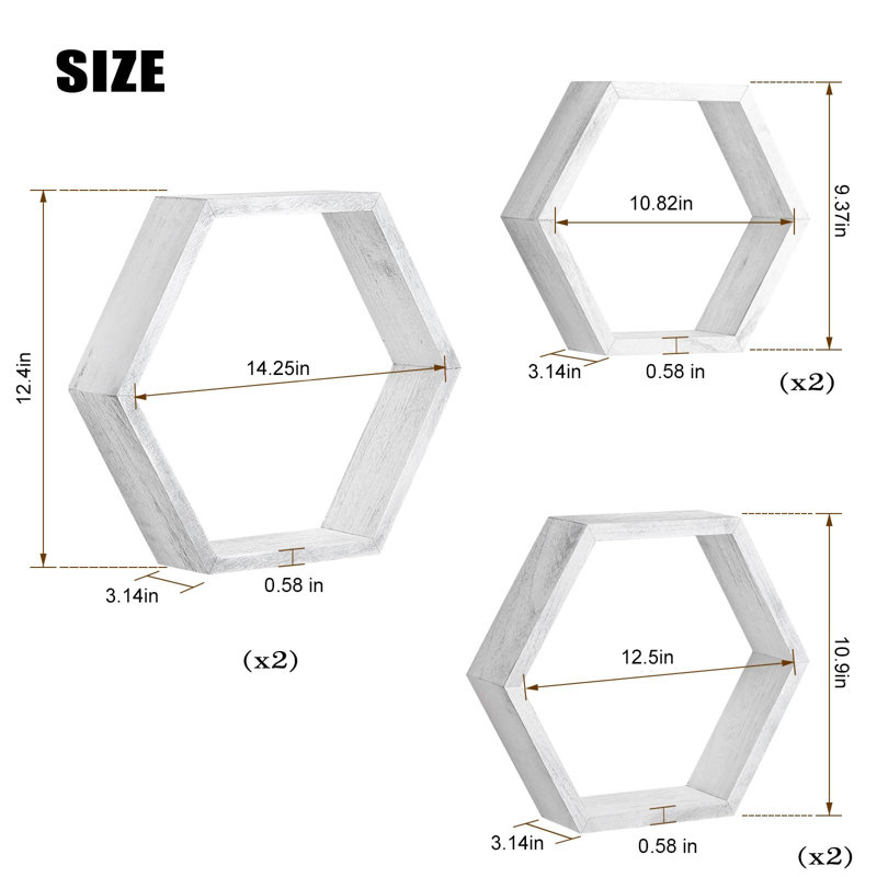Novimango Hexagon Floating Shelves Set Of 6 For Wall Farmhouse Storage Home Decor Shelf Mounted Wooden, 6 Pack Grey