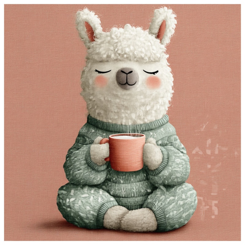 Cozy lama avec tasse tendue sur toile tendue en plusieurs tailles, 12 x 12 pouces
