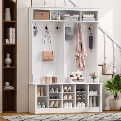 53"W Hall Tree and Shoe Storage Bench with Shelves,Cubbies and Coat Hooks for Foyer, Mudroom, or Entryway