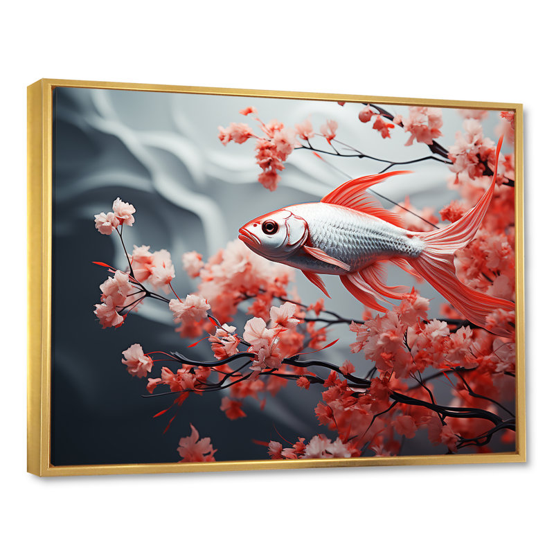 " Red And Grey Kois Fish Swimming With Serenity II " Print, Gold Floater Framed, 30" H x 40" W