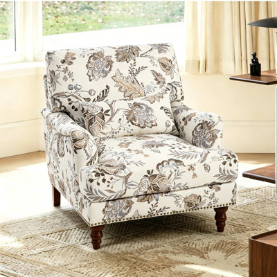 Upholstered Plants Beige Nailhead Trim Accent Chair with Throw Pillow and Solid Wood Legs