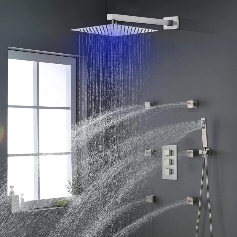 Ensemble de robinetterie thermostatique en nickel brossé avec pommeau de douche effet pluie DEL de 30 cm (12 pouces) et système de massage.