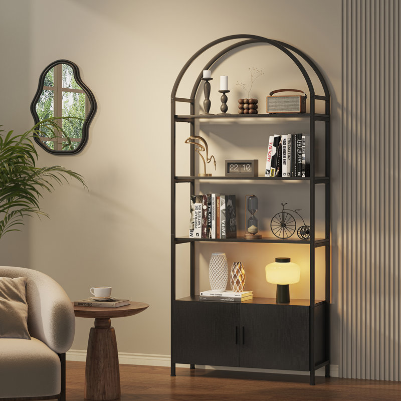 71" Arched Bookshelf with Doors,Industrial Bookcase with Sturdy Metal Frame, Vintage Display Shelving Unit, Black Geometric Book Shelf for Lving Room, Bedroom, Home Office