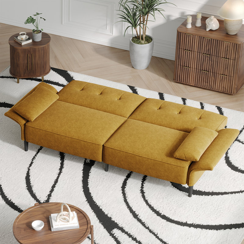 89" Velvet Convertible Sofa Couch, Futon Sofa Bed with 2 Square Pillows, Adjustable Backrest & Armrests for Living Room