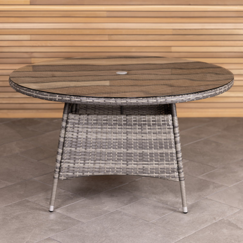 Latricia Round Wicker Outdoor Dining Table With Umbrella Hole , cm W cm D, 74cm H x 110cm W x 110cm D, Grey