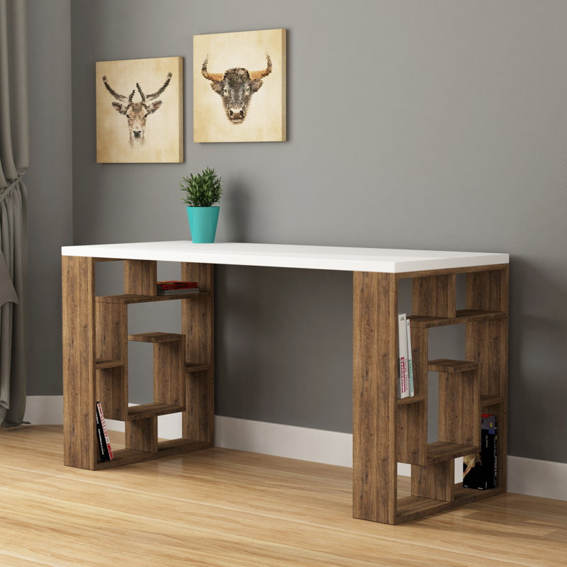 Labirent Modern Desk with Maze Design Legs, White/Dark Oak